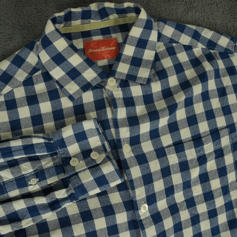 Tommy Bahama Button Up Shirt Mens M Blue Gingham‎ Silk Cotton Long Sleeve Beach
